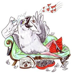 cartoon African Grey parrot female lying on a divan with perfume, candies, high-heeled shoes